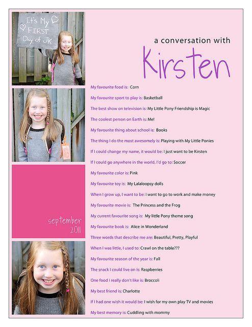 do this each year beginning with first day of kindergarten …. watch their answ