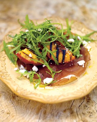 grilled peach salad with bresaola and a creamy dressing