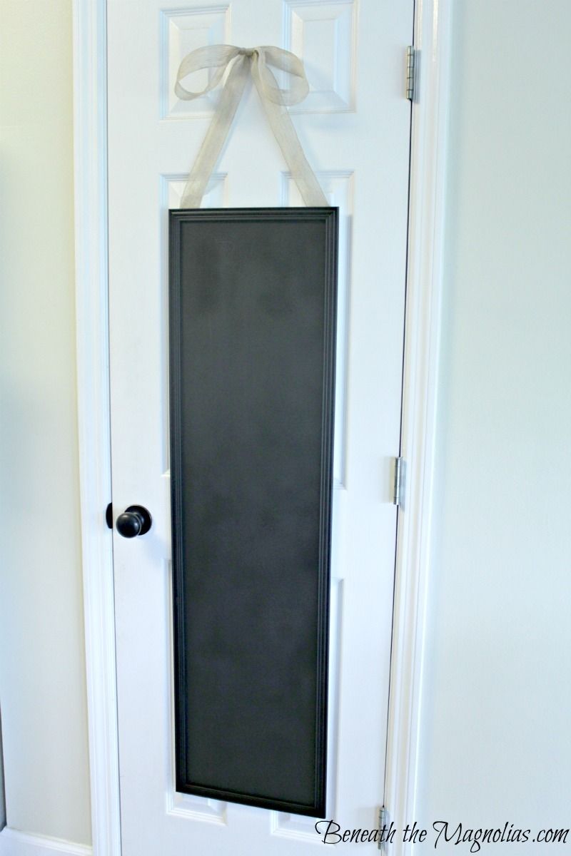 $5 mirror spray painted with chalkboard paint and hung on pantry door for grocer