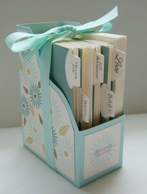 A handmade card holder with tabs to divide the cards into categories! Love it!