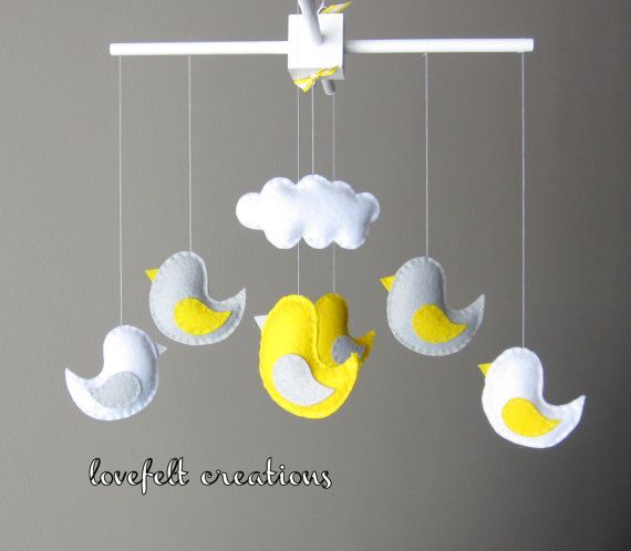 Baby Crib Mobile  Yellow and Gray Bird Mobile