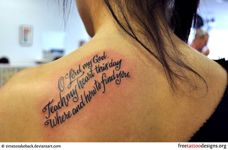 Bible phrase tattoo on a girl's shoulder