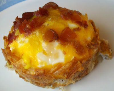 Birds Nest (Press hashbrowns in muffin tin, bake 15 min. Add egg, bacon, cheese