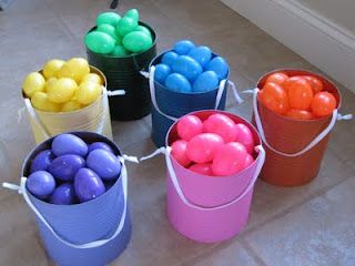 Color coordinated Easter egg hunt. You can only collect your color of egg. Stops