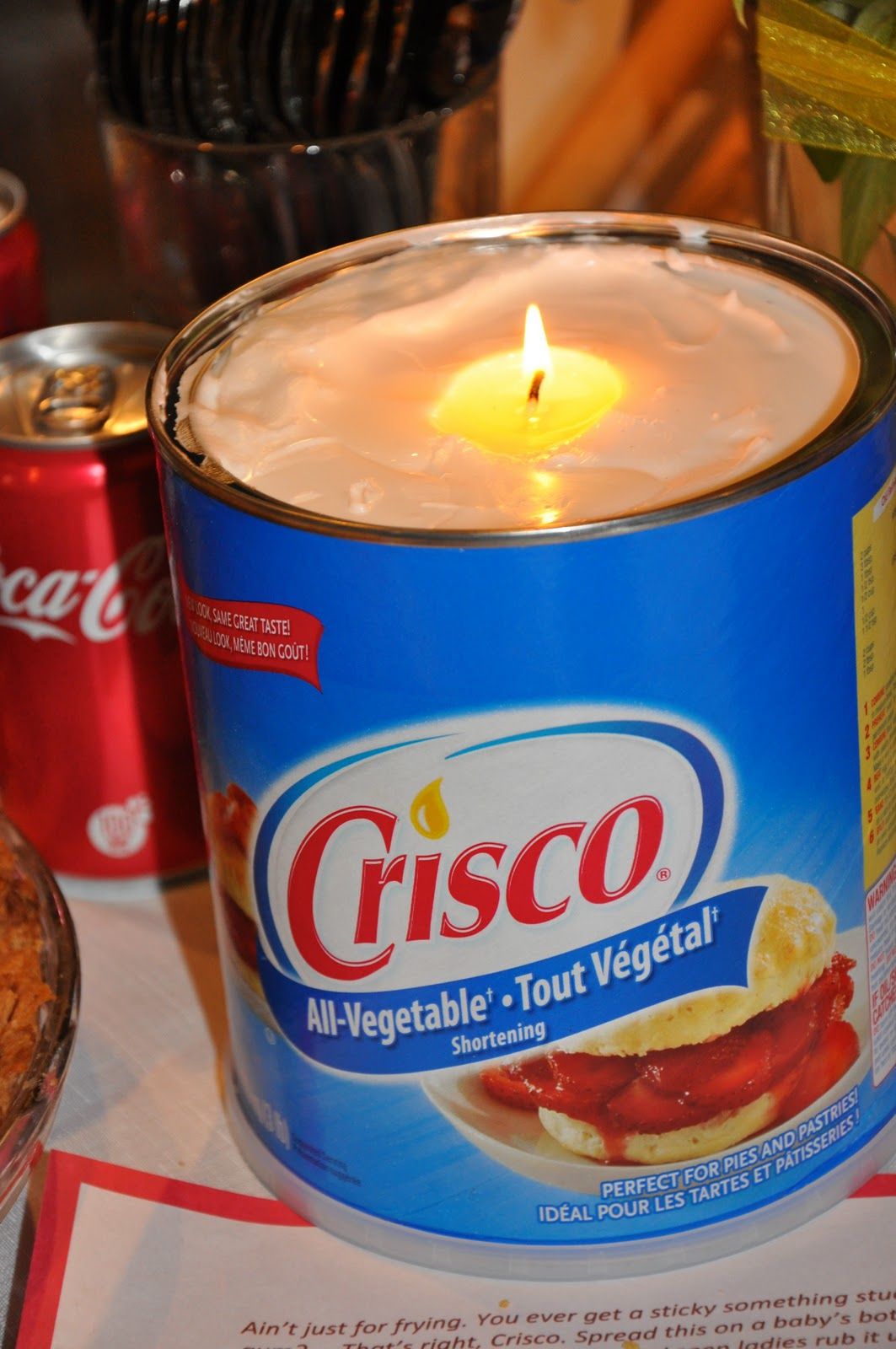 Crisco Candle for emergency situations. Simply put a piece of string in a tub of