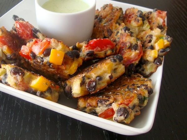 Crispy Black Bean Cakes w Cilantro Dipping Sauce.