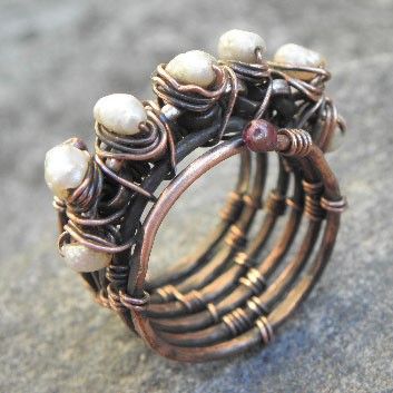 Crown of Pearls, Antiqued woven Copper and Pearl ring,ThePurpleLilyDesigns. $45.