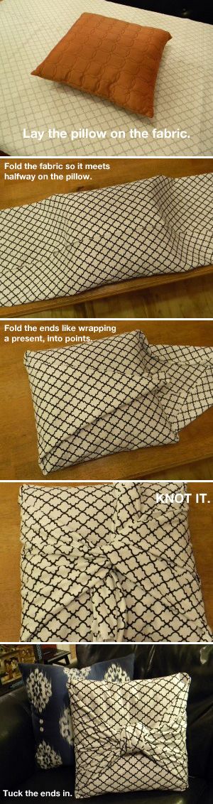 DIY Cover a pillow with no sewing. I like that these are removable/cleanable.