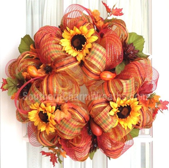 Deco Mesh FALL Wreath Gold Red Stripe Sunflowers Gourds