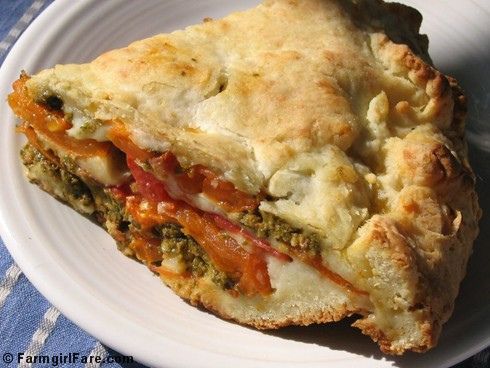 From Farmgirl Fare – Savory tomato, mozzarella, and basil pesto pie with an easy