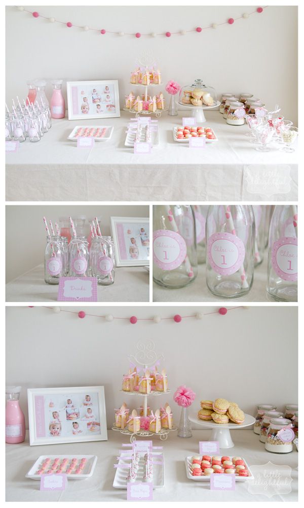 Girl’s 1st birthday shower – dessert table featuring cupcakes with whipped butte