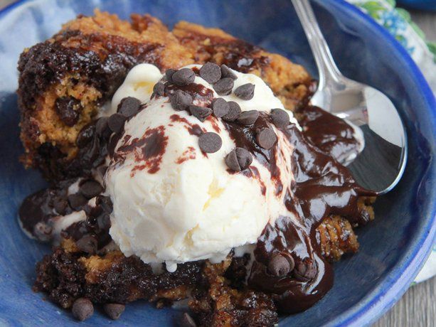 Heaven in a crockpot!!! 4 Ingredient Slow Cooker Chocolate Chip-Brownie Cake. In