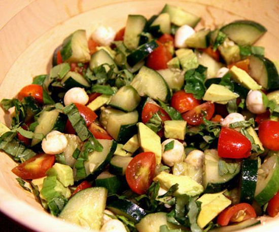 I could eat this every day. Cucumber Salad – cucumber, tomatoes, fresh basil, mo