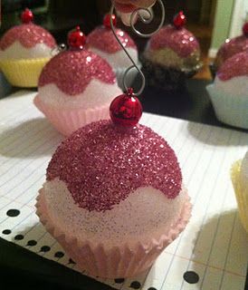 Make these Christmas ornaments with foam balls, glitter and a cupcake wrapper!