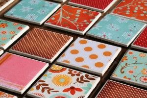Make your own coasters- 4×4 tiles ($.16 Home Depot); 4×4 scrapbook paper; adhere