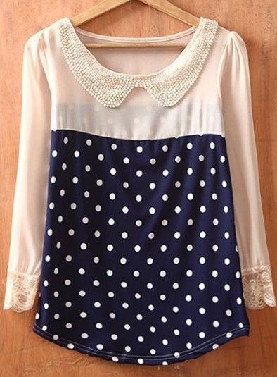 Navy Beige Polka Dot Long Sleeve Chiffon Blouse