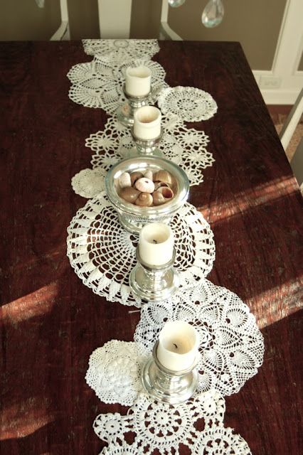 Old doilies sewn together make a table runner.