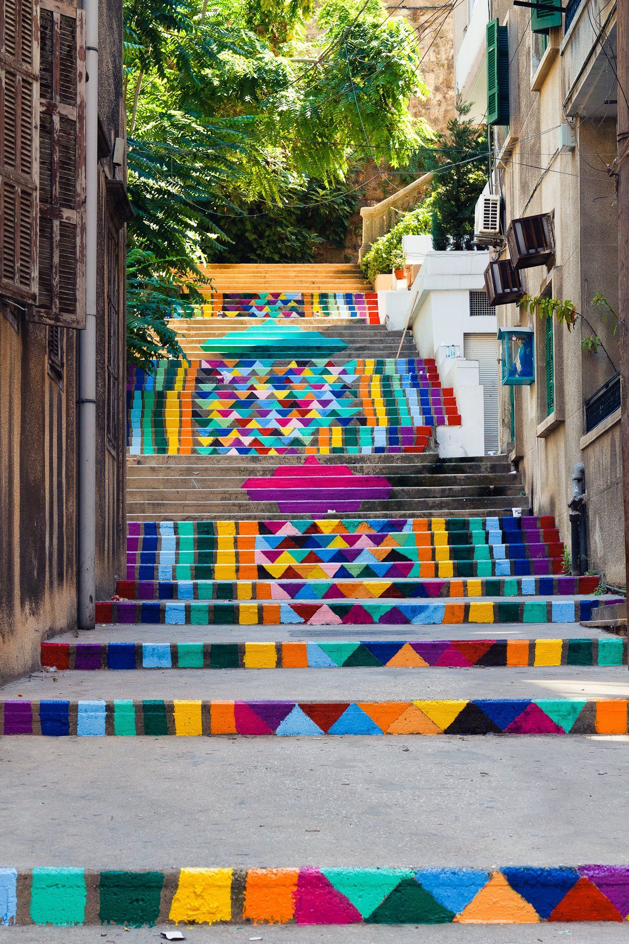 Rainbow street art steps in Beirut, Lebanon.