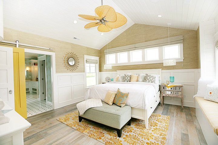 Soft teal and yellow master bedroom. LOVE the floors