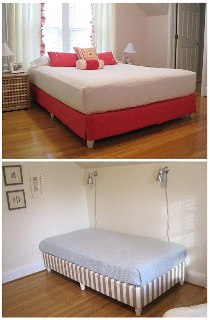 Staple fabric to the box spring, then add furniture legs