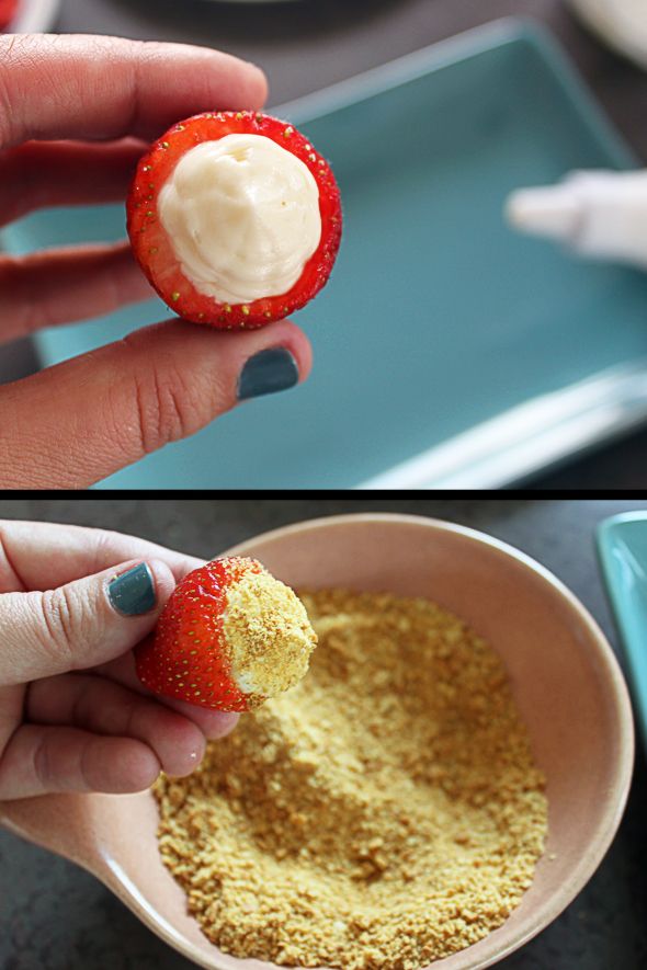 Strawberries stuffed with cheesecake filling & topped w/graham cracker crumb