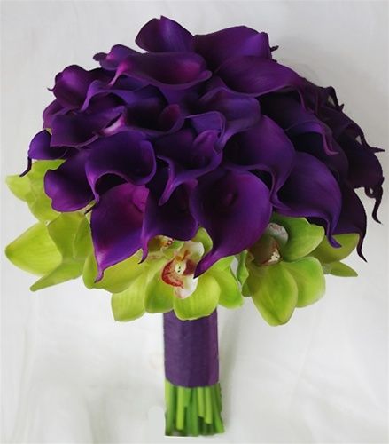 Stunning purple calla lilies with green cymbidium orchards – wow!