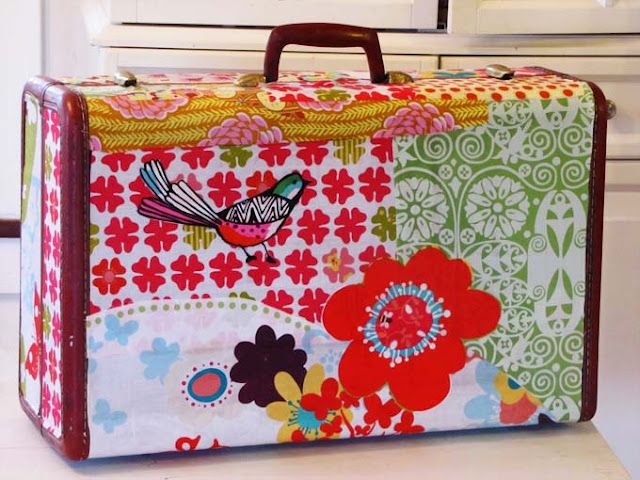 Suitcase covered in fabric scraps. Super cute! (tutorial and more eye candy)