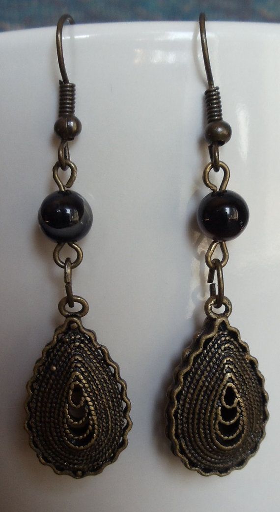 Teardrop bronze dangle earrings with round by Charsfavoritethings, $15.00
