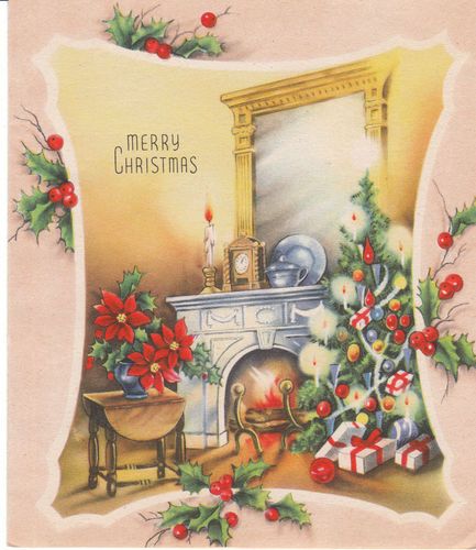 Vintage Christmas Card Fireplace Mirror Tree Gifts Poinsettia 1944