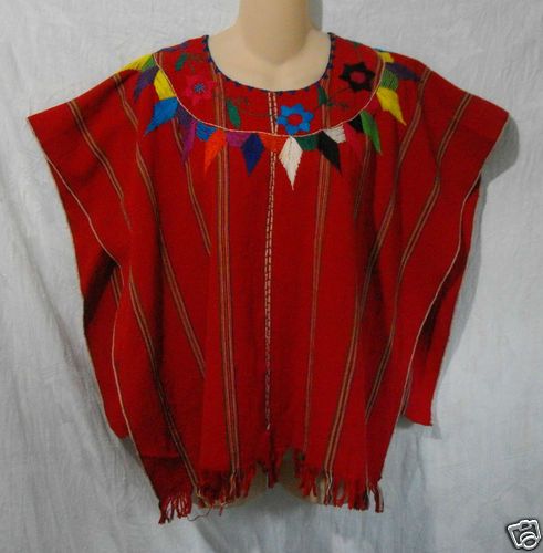 Vintage PONCHO Mexican Hand Embroidered Red Square Fringed Cape Top Hippy Boho |