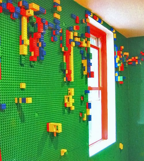 Wall of lego boards!  Cool!