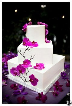 Wedding, Cake, White, Purple, Orchids