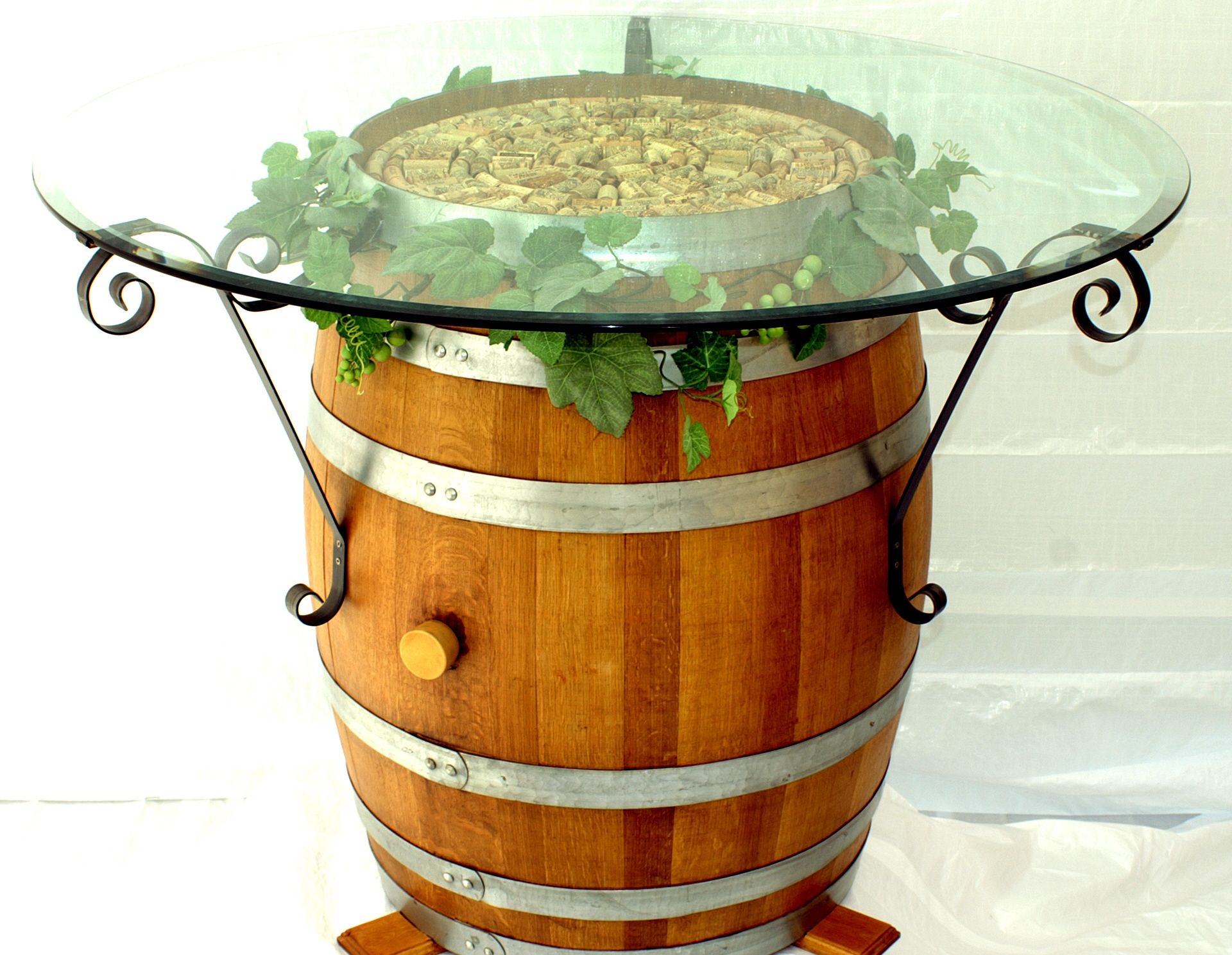 Wine Barrel Table with wrought iron brackets