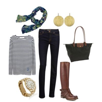 an outfit for italy in the fall: hammered gold earrings, floral scarf, nautical