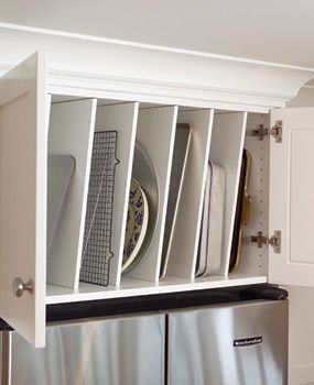 awkward space above your fridge? turn it into a storage unit for platters, pans,