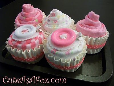 burp clothe and baby sock cupcakes