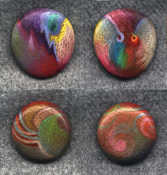 colored pencil on rocks!  (looks like dichroic glass!)  SBG thinks you can spray