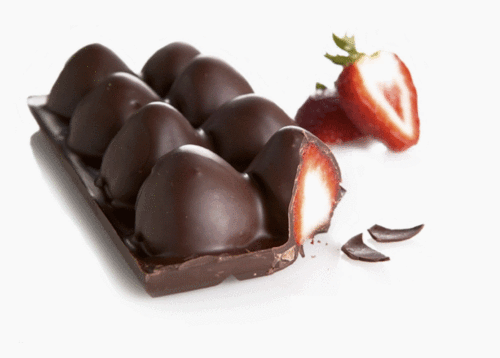 fill an ice cube tray with melted chocolate, add strawberries and chill in the f