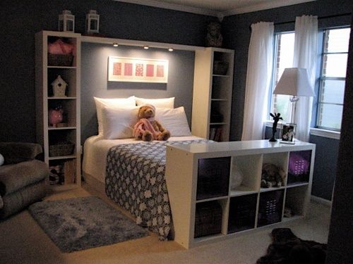 instead of a headboard…… bookshelves framing the bed, and especially love th
