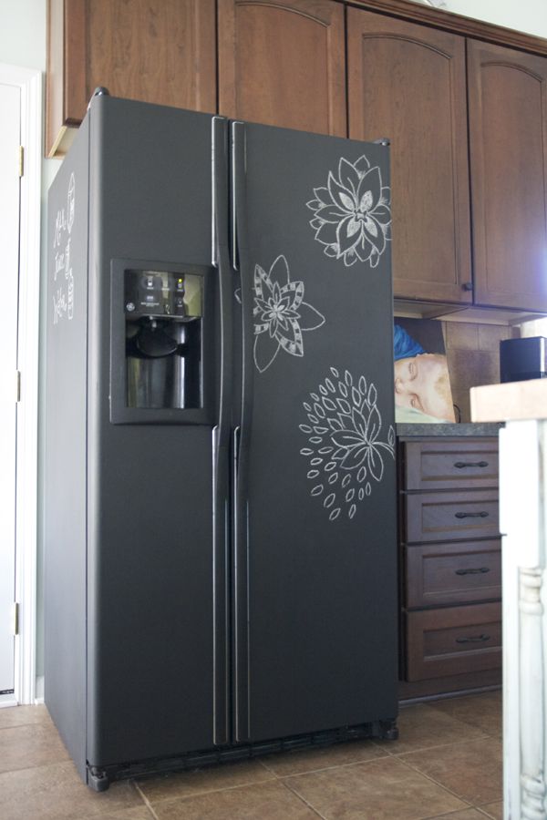 perfect for an old fridge….Took about 3 coats of chalkboard paint. Total cost: