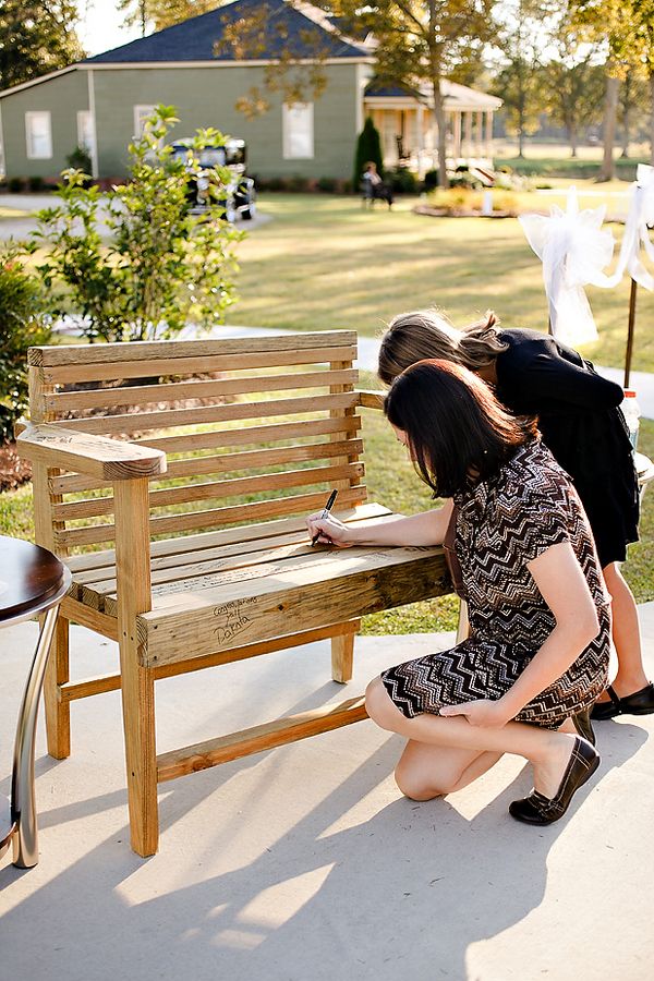 wooden bench as a guestbook to keep in your home forever.. Interesting concept!