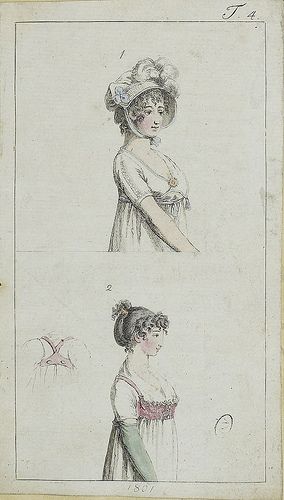 1801, English. Figure 2 shows a vest-like overbodice, front and back. Also a hai