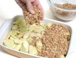 6 c. sliced apples, 1 1/4 c. brown sugar, 3/4 c. Flour, 3/4 c. quick oats, 1/2 c