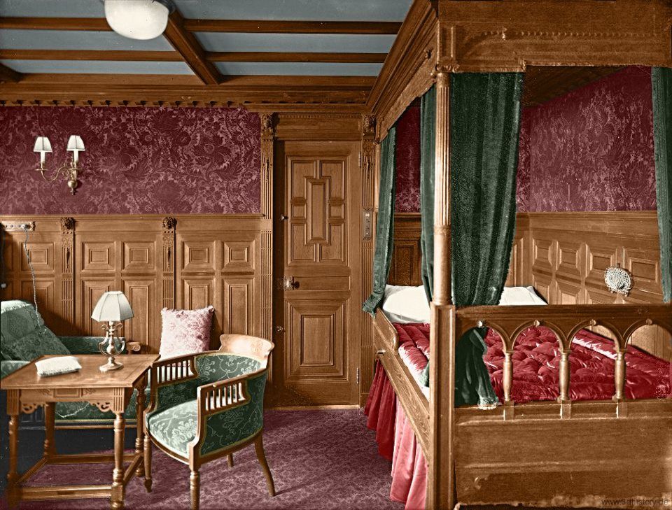 A colorized photo of one of the RMS Titanic’s first class staterooms.    I