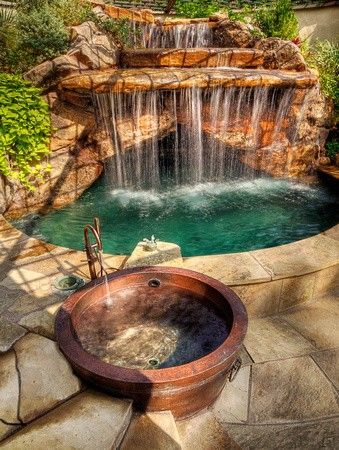 Backyard Oasis with Hot Tub and Waterfall Pool