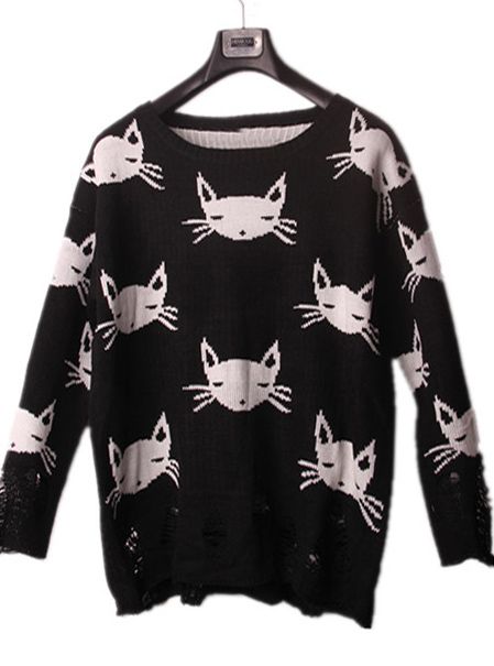 Black Shredded Distressed with White Cats Sweater