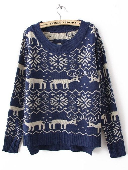 Blue Long Sleeve Deer Print Asymmetrical Sweater