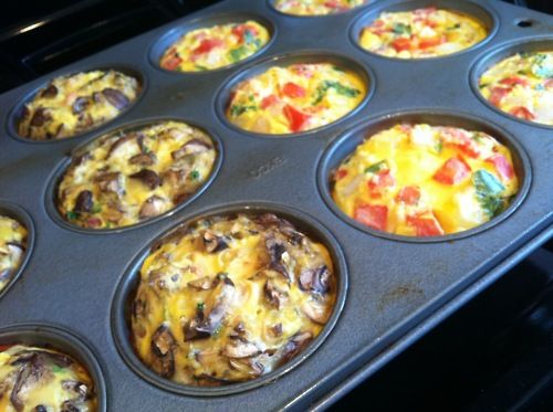 Breakfast muffins. Pour egg  into a greased cupcake pan, then add toppings like