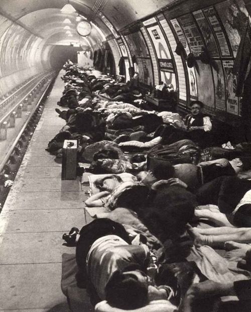 Elephant and Castle tube station in London during the height of the Blitz