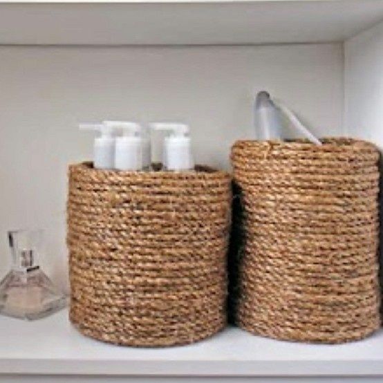 Glue rope to your used coffee cans! Cheap, chic organizing.